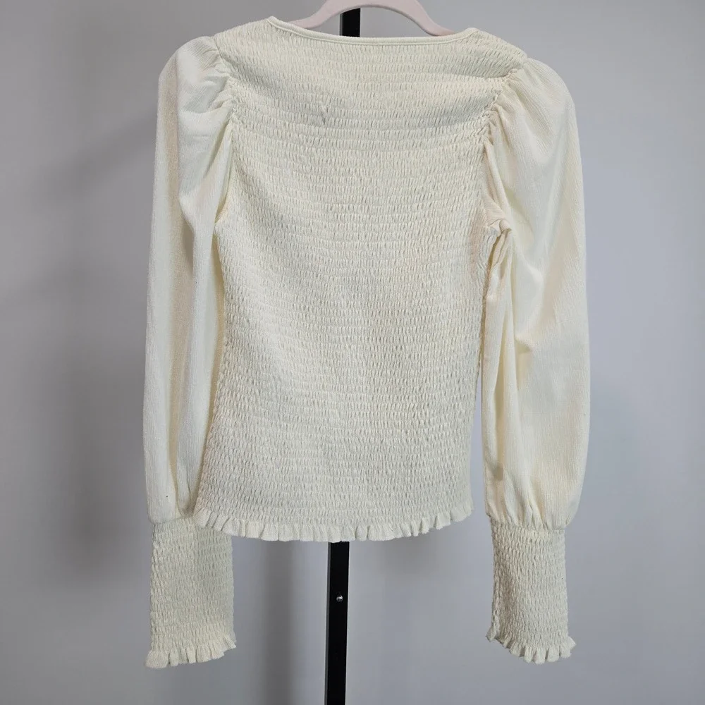 Anthropologie Smocked Puff Sleeve Top Cream Off White OB1425048 Women Small FLAW